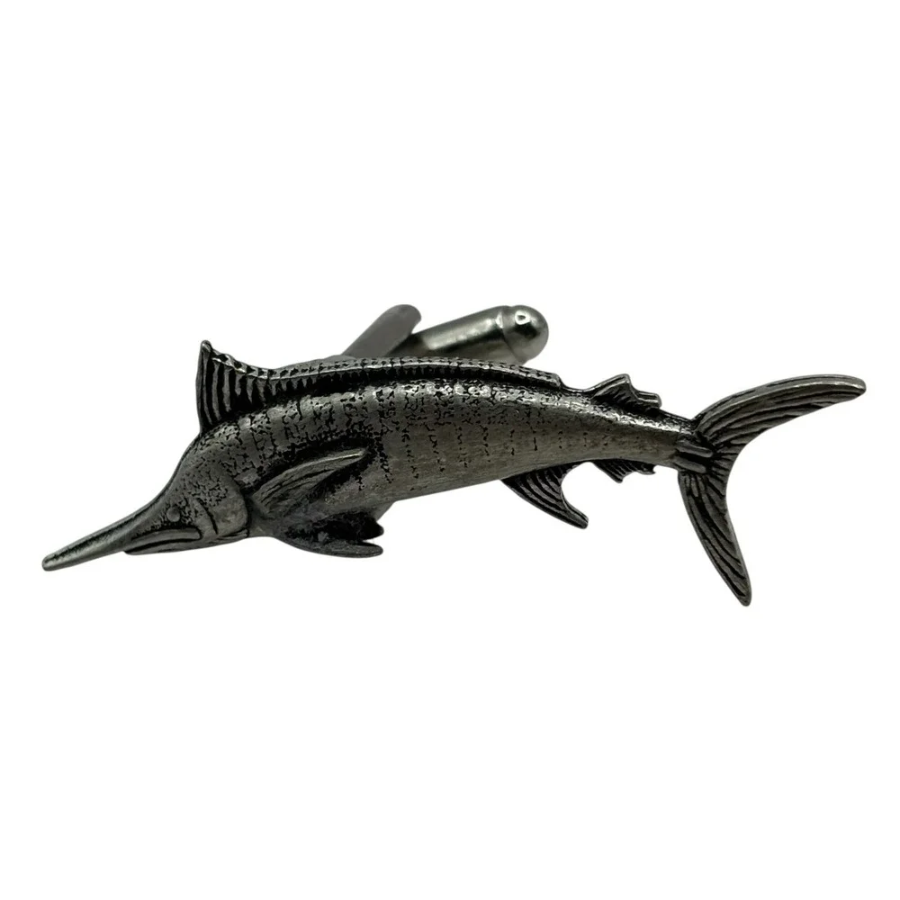 Swordfish Cufflinks Mid Century Silver‎ Tone Marlin Fish Ocean VTG Fishing READ